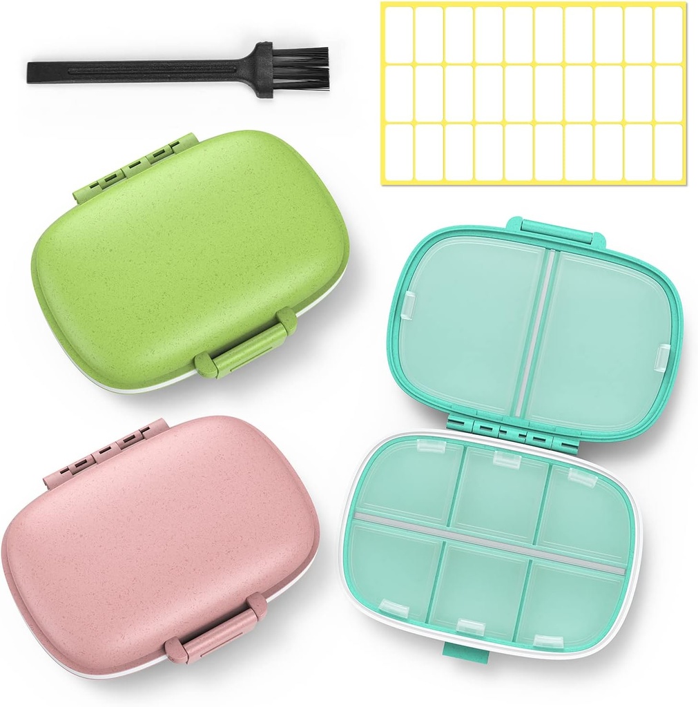 3 Pack 8 Karşılaştırma Seyahat Pill Box,Pill Organizer 7 Gün Moisture Kanıt Küçük Pill Case for Pocket Purse Günlük Portatif Tıp Vitamini (Pink + Blue+Green)