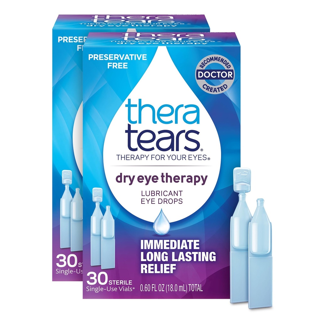 TheraTears Dry Eye Therapy Eye Drops for Dry Eyes, Preservative Free, 30 Vials, 2 Pack
