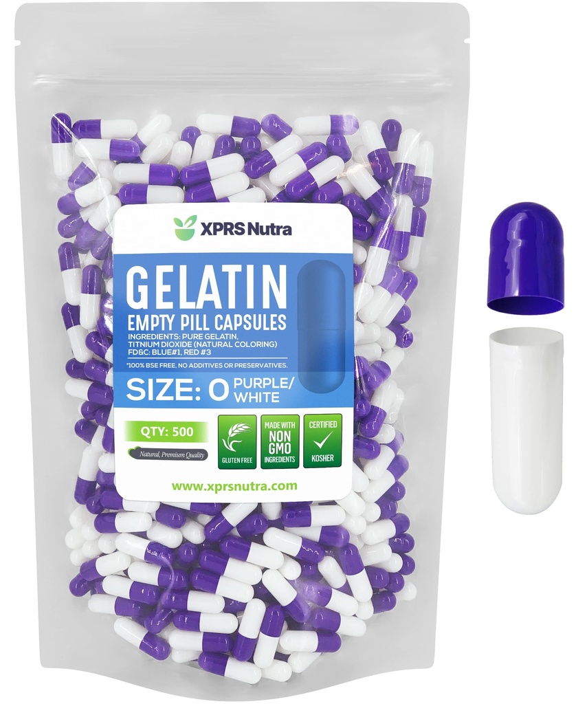 XPRS Nutra Boyutu 0 Boş Kapsüller - 500 Kont Boş Gelatin Capsules - Pills DIY Capsule - Pure Bovine Pill Gel Caps For Do-It- Yourself Supplements (Purple/White)