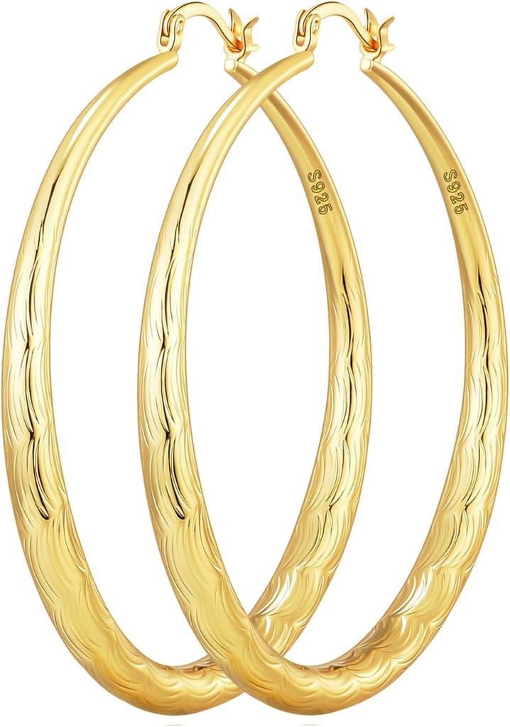 EkranPEL 925 Sterling Silver Hoop for Women Gold Hoop Earrings Hipoallergenik Elmas-Cut Ripples Tasarladı - Tarnish Büyük Hoop Earrings (30/40/50 /70mm)