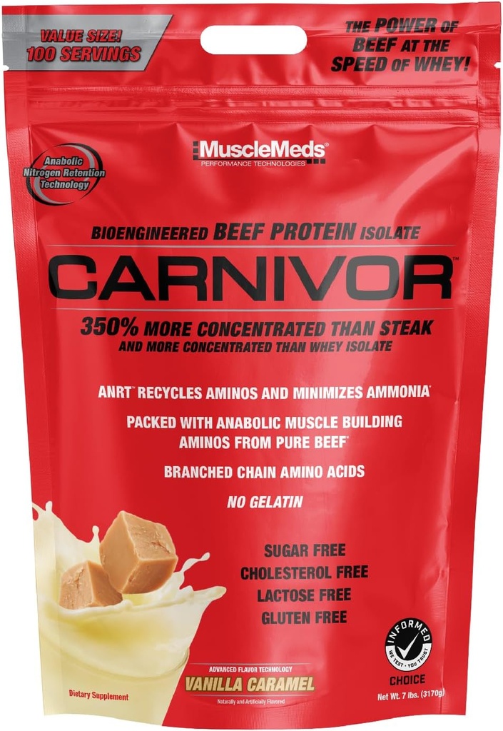 KasMeds Carnivor Beef Protein Isolate, 0 Lactose, 0 Sugar, 0 Fat, 0 Cholesterol, Halal sertifikalı, Vanilla Caramel, 7 Lb, 100 Hizmet