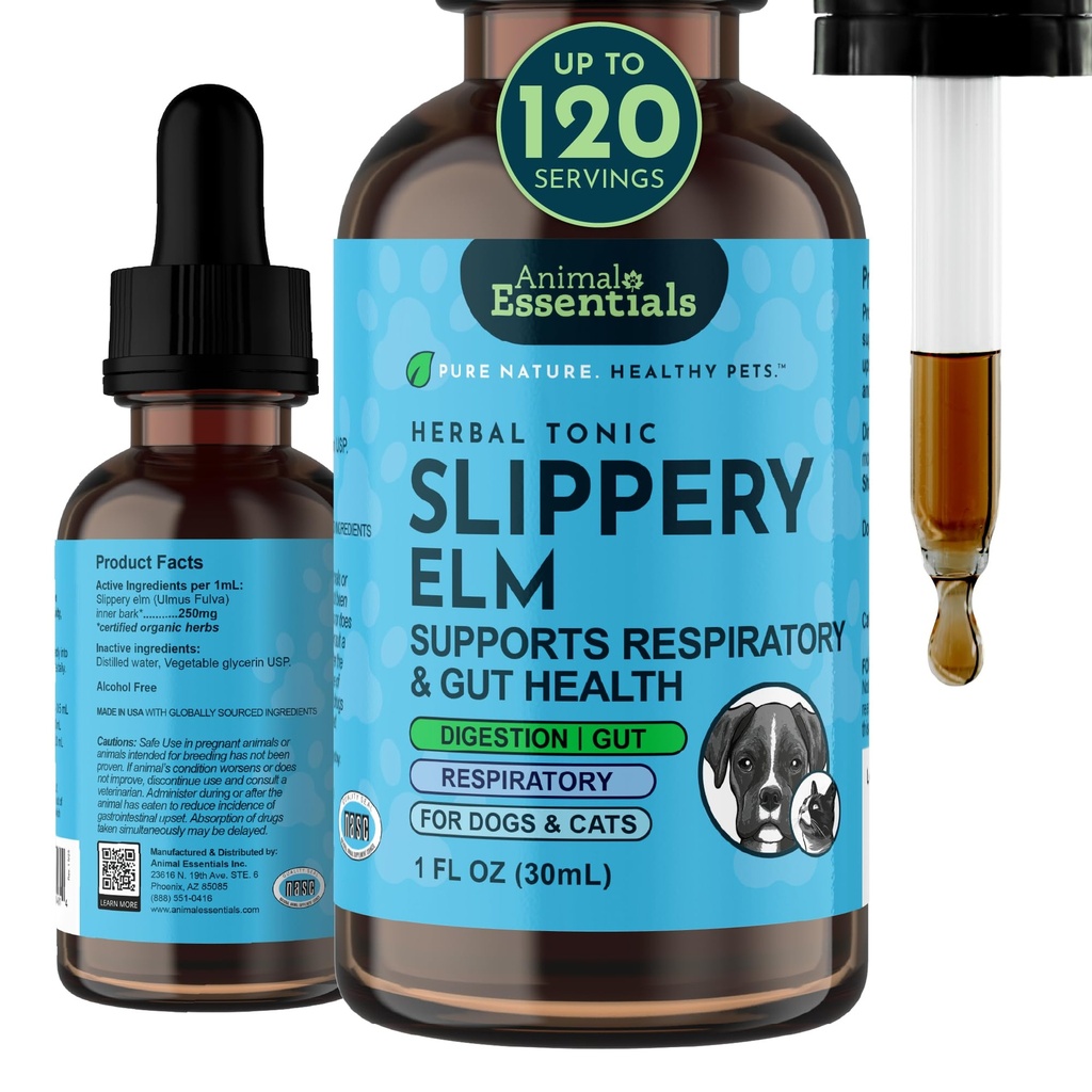 Animal Essentials Slippery Elm - Slippery Elm Bark Anti Diarrhea Drops for Dogs and Cats, Organic Herbal Extract for Healthy Gut, Digestive & Throat Support, Helps Acid Reflux, Liquid Formula - 1 fl oz