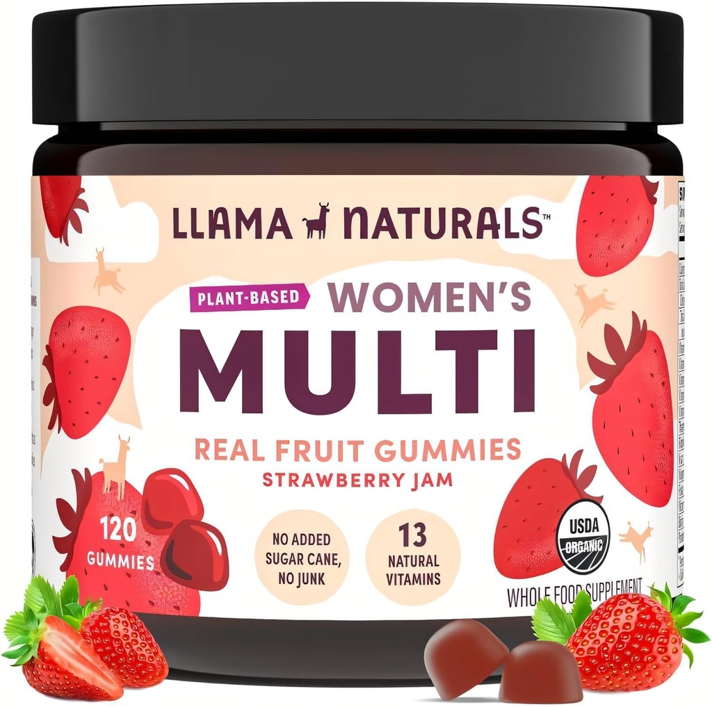 Llama Naturals Multivitamin for Women, Vegan, Organik Gummies with Vitamin D, C ve K, Women's Real Fruit Gummy Vitamins, Chewable Multivitamin Supplement, No added Sugar Cane, Strawberry, 120 Ct