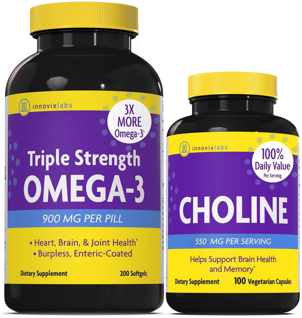 InnovixLabs Choline & Triple Omega-3 Bundle Choline Bitartrate 550mg (100 κάψουλες) Triple Strength Omega (200 Softgels). Υποστηρίζει τη μνήμη, Mood, Brain Health & Boost Γνωστική.*