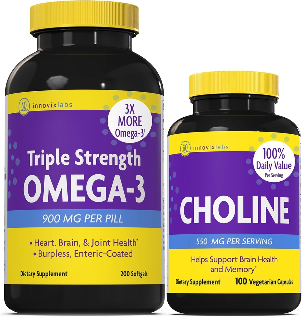 InnovixLabs Choline & Triple Omega-3 Bundle Choline Bitartrate 550mg (100 κάψουλες) Triple Strength Omega (200 Softgels). Υποστηρίζει τη μνήμη, Mood, Brain Health & Boost Γνωστική.*
