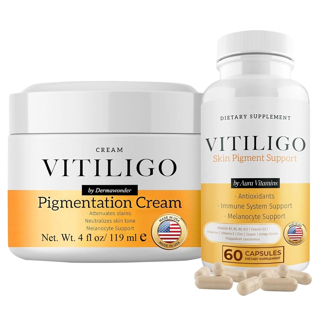 Dermawonder Vitiligo Supplement & Pigmentation Cream Set | 60 Vitiligo Capsules ve 4fl Oz Cream | Beyaz Spotları Azaltır, Skin Pigmentation & Neutralize Skin Tone | Natural Solution (1)