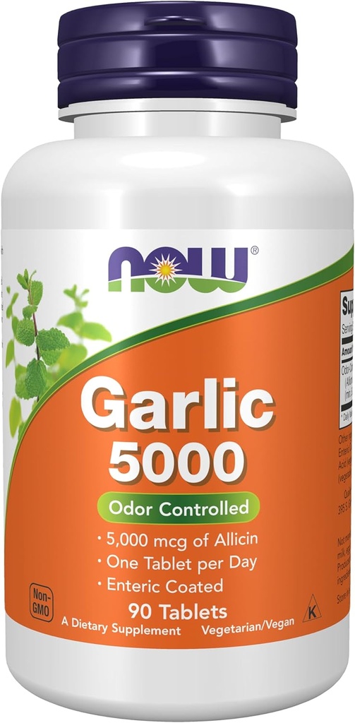 Şimdi Gıdalar Tamamlar, 5,000 5.000 (Allium sativum), Kapic Kaplama, Odor Controlled, 90 Tabletler