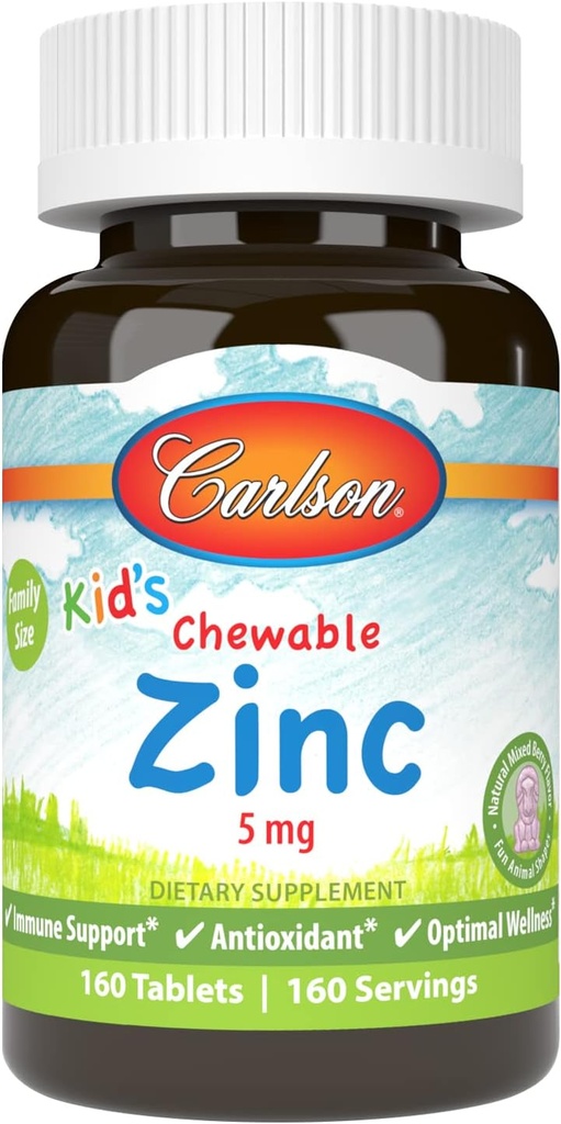 Carlson - Kid'in Chewable çinko, 5 mg, Sağlık Desteği, Doğal Karma Berry Flavor, 160 Tablet