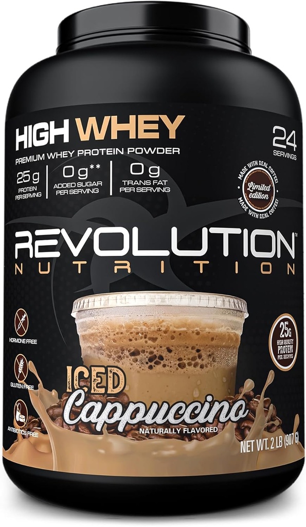 Revolution Nutrition, High Whey, Protein Powder 2LB, Whey Isolate, Gluten Free, Lean Muscle Mass for Men & Women, 25g of Protein Per Scoop, 908 g, 24 Servings (Iced Cappuccino, 2 Pound)
