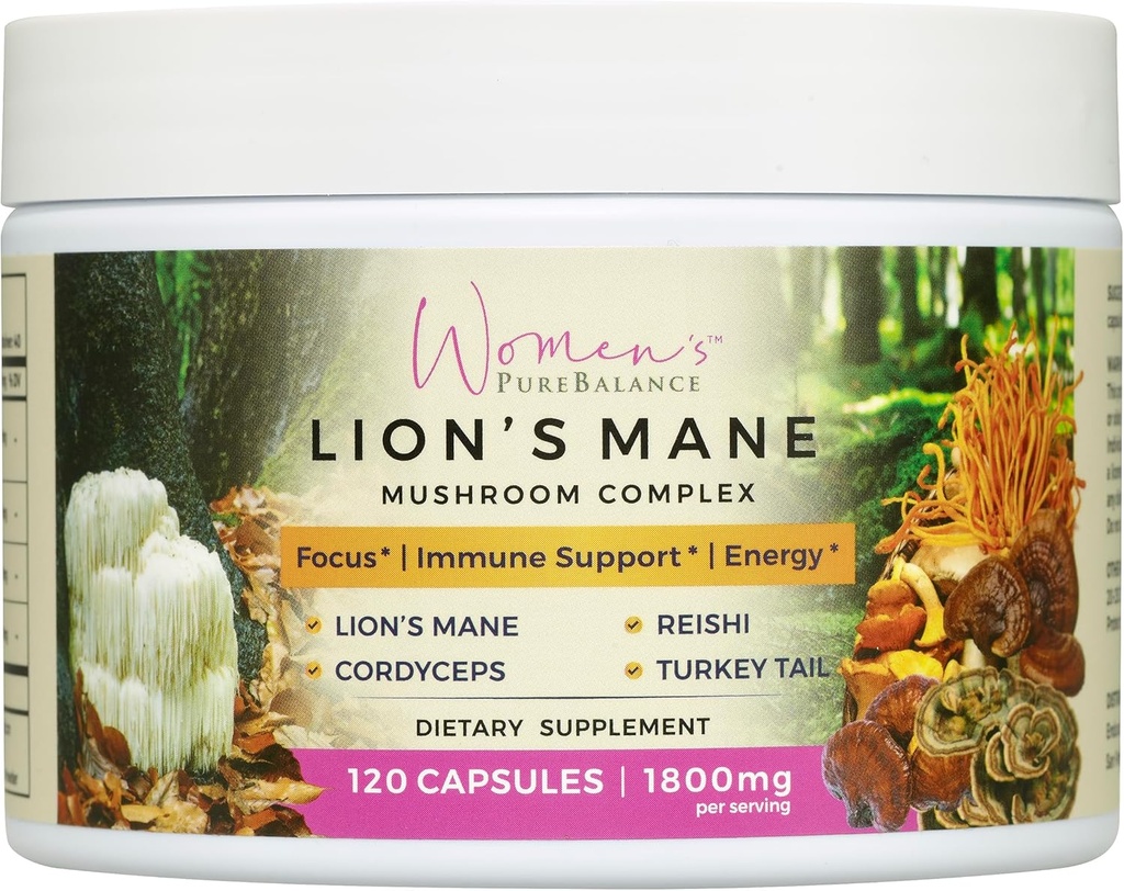 Γυναικεία PureBalance Lion's Mane Mushroom Supplement Capses with Reishi, Cordyceps, Turkey Tail – Brain Nootropic for Memory, Focus, Natural Energy, & Immune Support, Non-GMO (120 Κάψουλες)