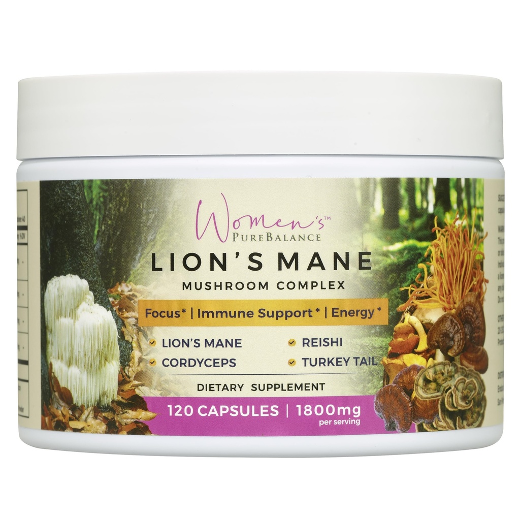 Γυναικεία PureBalance Lion's Mane Mushroom Supplement Capses with Reishi, Cordyceps, Turkey Tail – Brain Nootropic for Memory, Focus, Natural Energy, & Immune Support, Non-GMO (120 Κάψουλες)