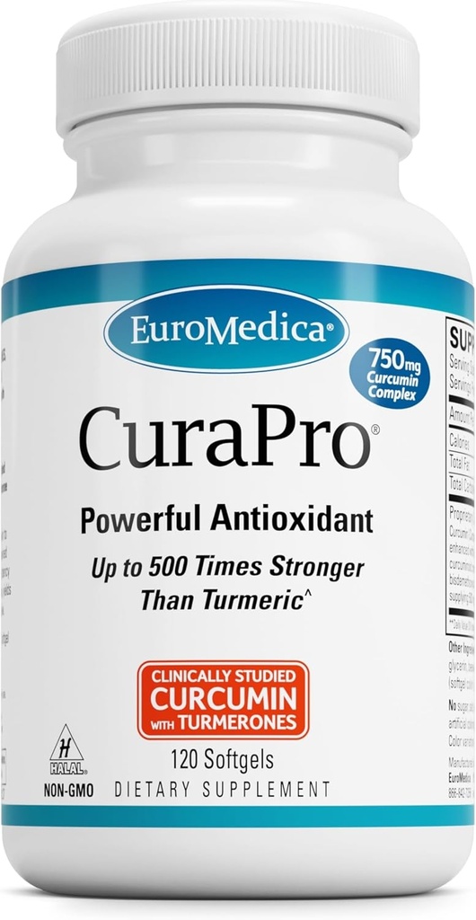 EuroMedica CuraPro - Αντιοξειδωτικό συμπλήρωμα για την υποστήριξη του εγκεφάλου και της καρδιάς - Συμπλήρωμα διατροφής με υψηλής ισχύος Curcumin Complex - Νεφροί, ήπαρ και ανοσοποιητική υποστήριξη - 120 Softgels
