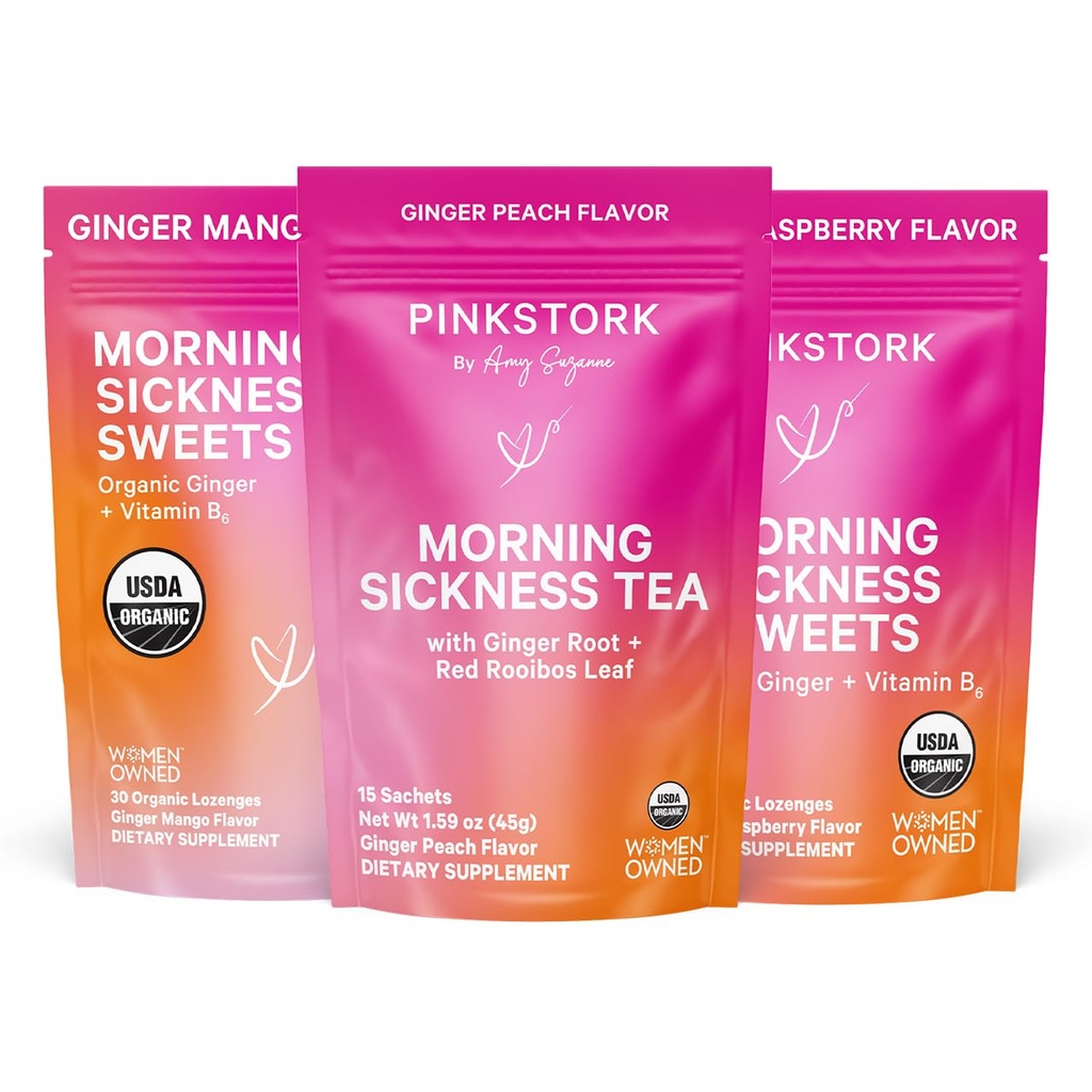 Pink Stork Morning Sickness Relief Kit – 3-Piece Bundle με οργανικό τσάι Peachάκινο, B6 Sweets, Ginger Lozenges – Υποστήριξη Εγκυμοσύνης, Πρώτο Trimester Απαραίτητα, Δώρο για Έγκυες Γυναίκες