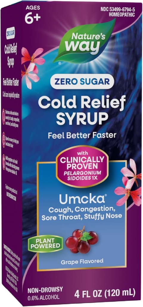 Nature's Way Cold Relief Zero Sugar Syrup, Umcka, Homeopathic, Shortens Colds, Sore Throat, Cough, Congestion, and Thingsy Nose, Phenylephrine Free, Grape Flavored, 4 Fl Oz (Pazarlama May Vary)