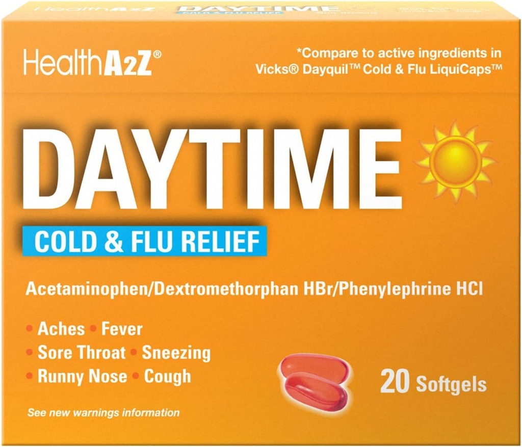 HealthA2Z® Daytime | Cold & Flu Medicine | Güçlü Multi-Symptom Daytime(20 Softgels) (Daytime Cold & Flu Medicine (20 Count Pack of 1))