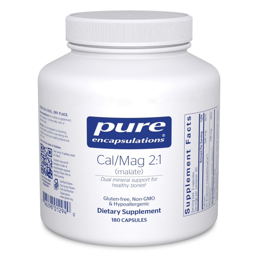 Pure Encapsulations Cal/Mag (Malate) 2:1 - Macau & Magnezyum (Malate) - Bone Health Supplement* - Optimal Abors - Vegan & Gluten Free - 180 Capsules