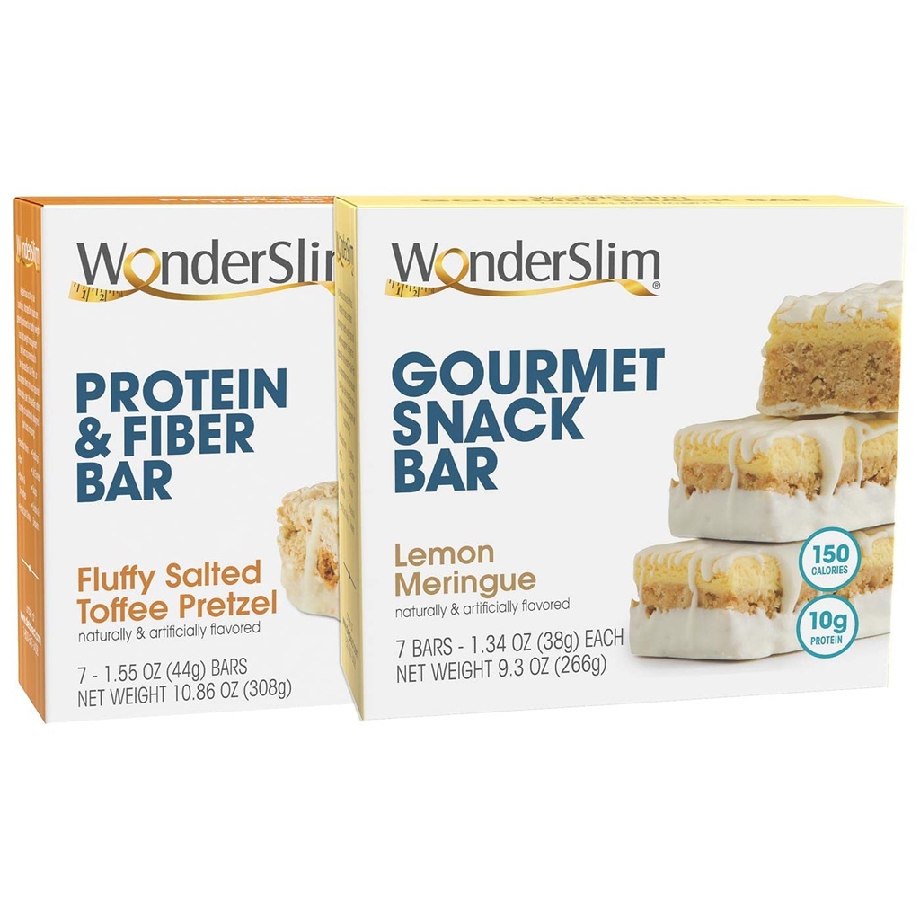 WonderSlim Fluffy Salted Toffee Pretzel Protein & Fiber Bar ve Lemon Meringue Gourmet Snack Bar
