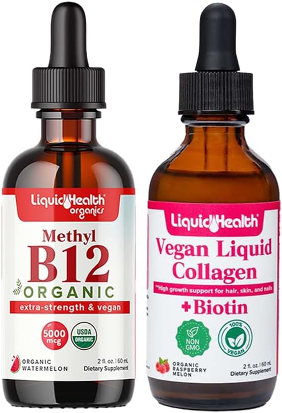 LIQUIDHEALTH Organic Methyl B12 5000mcg Βιταμίνη σταγόνες με ταρτάρ Cherry Juice & 100% Vegan Plant-Based Collagen Plus Biotin Drops - Natural Energy Boost, Βελτίωση Εστίασης, Hair & Nail Growth, Skin Health