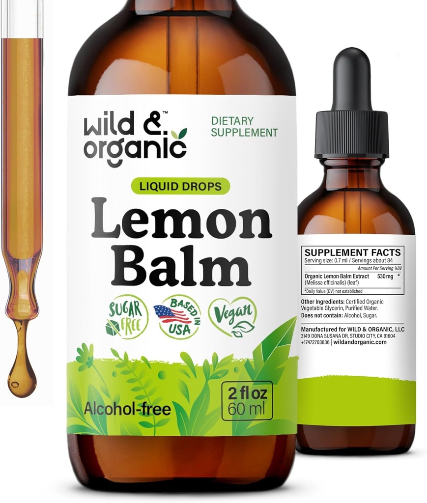Άγριες & οργανικές σταγόνες λεμονιού - Relaxing Lemon Balm Leaf Extract Supplement - Calming Melissa Officinalis Tincture - Vegan, Sugar & Alcohol-Free - 2 fl oz