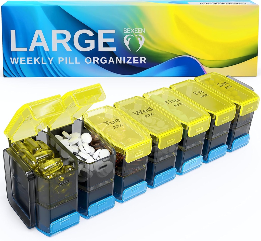 Ekstra Büyük Pill Organizer 2 Zaman Bir Gün - XL Pill Box 7 Gün Büyük AM/PM Karşılaştırmalar – Fits Large Vitamins, Supplements & Gummies, 7 veya 14 günlük kullanım için, Color-Kod, Senior-Friendly, No Spills