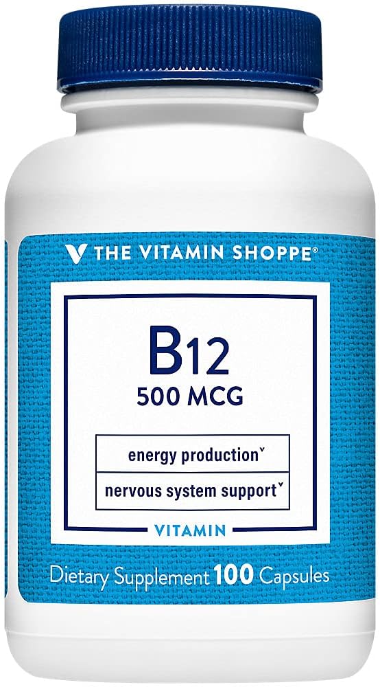 The Vitamin Shoppe Vitamin B12 500mcg - Supports Energy Production, Once Daily Dietary Supplement - Vitamin B-12 (As Cyanocobalamin), Gluten & Dairy Free (100 Capsules)