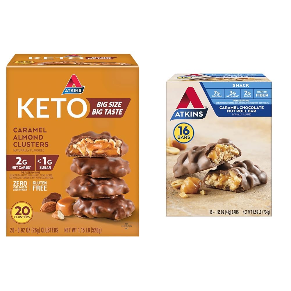 Atkins Caramel Almond Clusters, Gluten Free, High in Fiber, 1g Sugar, 2g Net Carb, Keto Friendly, 20 & Kont Car Chocolateamel Nut Roll Snack Bar, Protein Snack, Yüksek Fiber, 2g Sugar, 16 Count