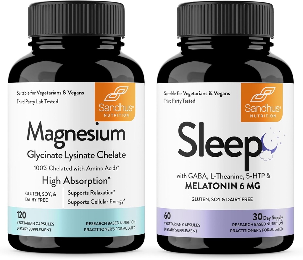 Sandhu'nun Magnezyum Glycinate 120 Capsules & Sleep 60 Capsules -Non-Habit 5in-1 Sleep Aid Supplement| Supports Restful Sleep, Muscle & Heart Health | Made in USA