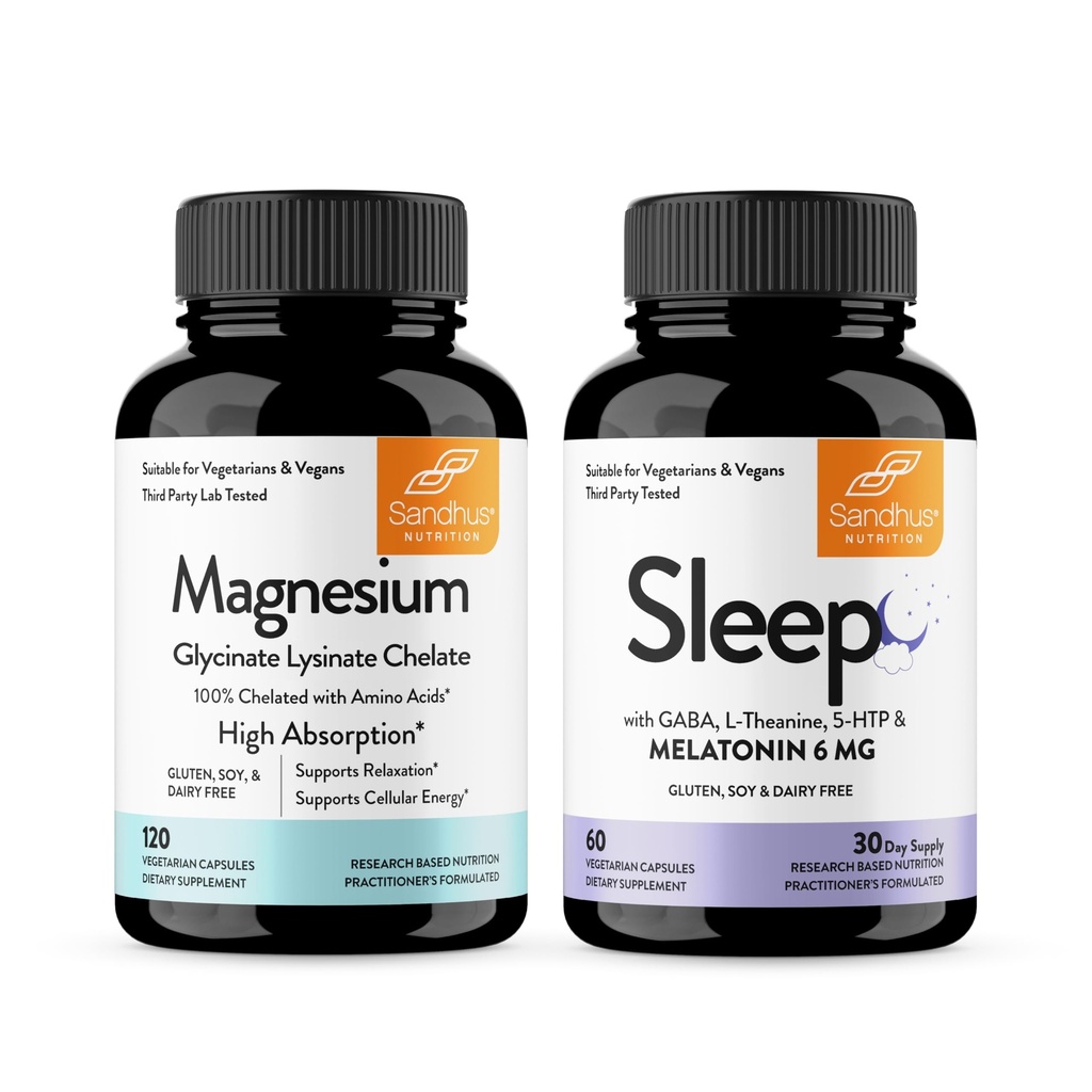 Sandhu'nun Magnezyum Glycinate 120 Capsules & Sleep 60 Capsules -Non-Habit 5in-1 Sleep Aid Supplement| Supports Restful Sleep, Muscle & Heart Health | Made in USA