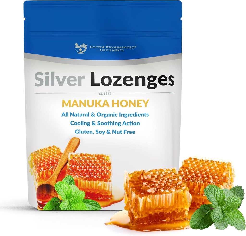 Organik Manuka Honey ve Vitamin C ile Gümüş Lozenges - 60 PPM Colloidal Gümüş Mineral Immune System, Soothe, Cool Cough & Throat, 24Lozenges