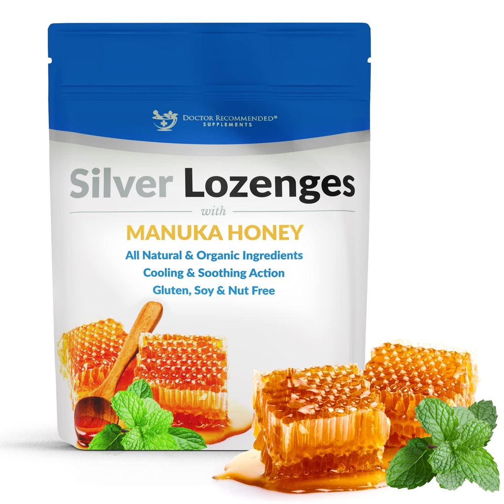 Silver Lozenges with Organic Manuka Honey and Vitamin C - Όλα τα φυσικά Nano Silver 45-50mcg των 60 PPM Κολλοειδές Ασημί Ορυκτές σταγόνες για την υποστήριξη του ανοσοποιητικού συστήματος, Soothe, Cool Cough & Lroat, 24-Lozenges