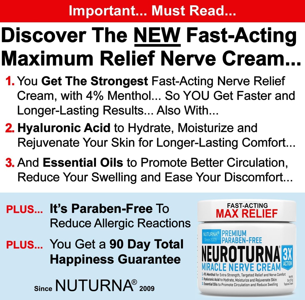 Nerve Relief Cream για Νευροπάθεια - Premium Nerve Cream 3X Action for Targeted Relief and Nerve Comfort - Μέγιστη Δύναμη με 4% Μέντχολ, Άρνικα, MSM για Πόδια Πόδια & Πίσω - 2 Oz