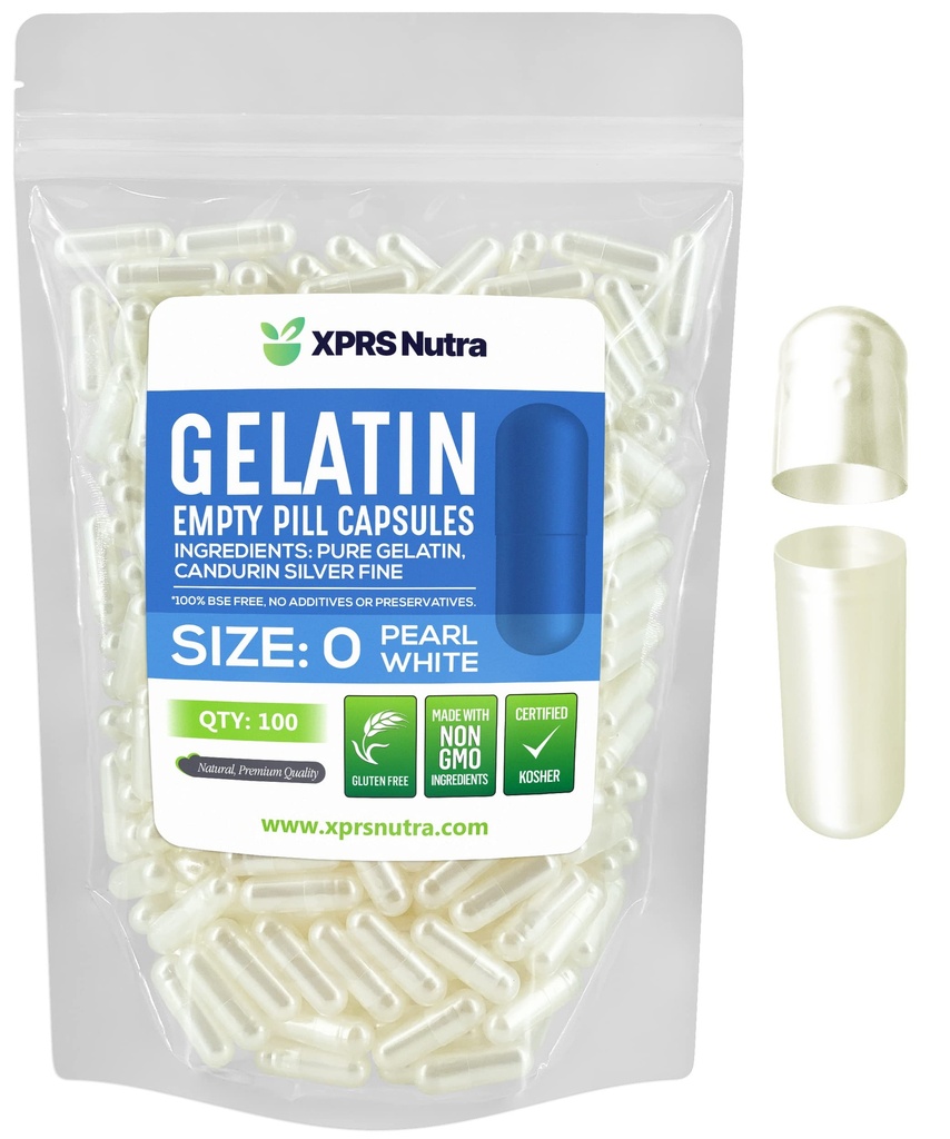 XPRS Nutra Size 0 Κενές κάψουλες - 100 Count Empty Gelatin Κάψουλες - Χάπια DIY Καψάκιο Γέμισμα - Καθαρά Καπάκια τζελ Μπόβιν Χάπι για Συμπληρώματα Do-It-Yourself (Pearl White)