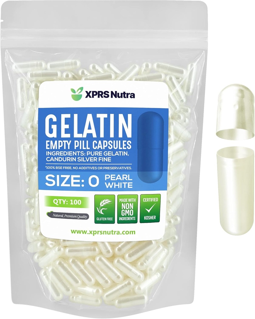XPRS Nutra Size 0 Κενές κάψουλες - 100 Count Empty Gelatin Κάψουλες - Χάπια DIY Καψάκιο Γέμισμα - Καθαρά Καπάκια τζελ Μπόβιν Χάπι για Συμπληρώματα Do-It-Yourself (Pearl White)