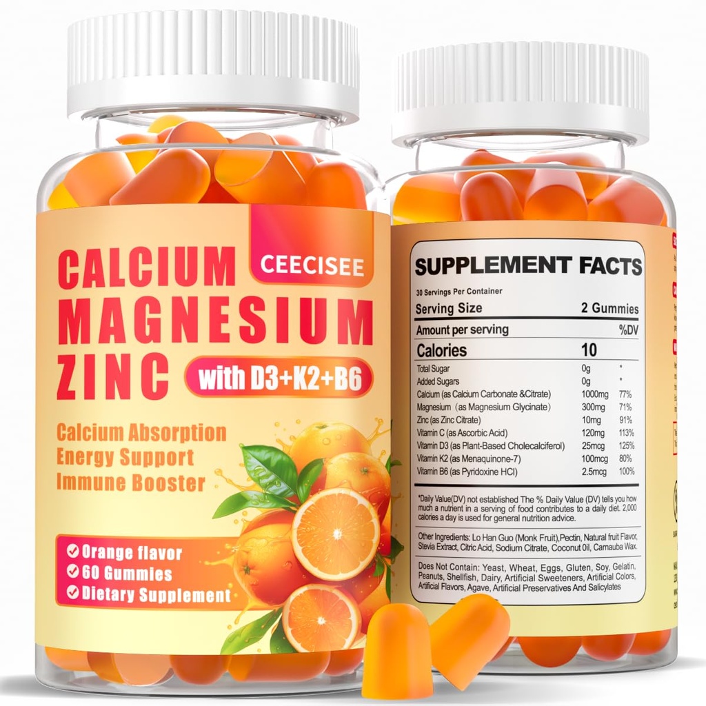 D3 &B6 &K2,1000 mg Kalsiyum Gummies with 300 mg Magnezyum Support Immune Energy for Yetişkinler andYoung,Sugar Free (120K)
