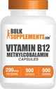 BulkSupplements.com Κάψουλες βιταμίνης Β12 Methylcobalamin - B12 συμπλήρωμα βιταμίνης, B12 200mcg, για την ενεργειακή υποστήριξη - Χωρίς γλουτένη, 1 κάψουλα ανά υπηρεσία, 500 κάψουλες (πακέτο του 1)