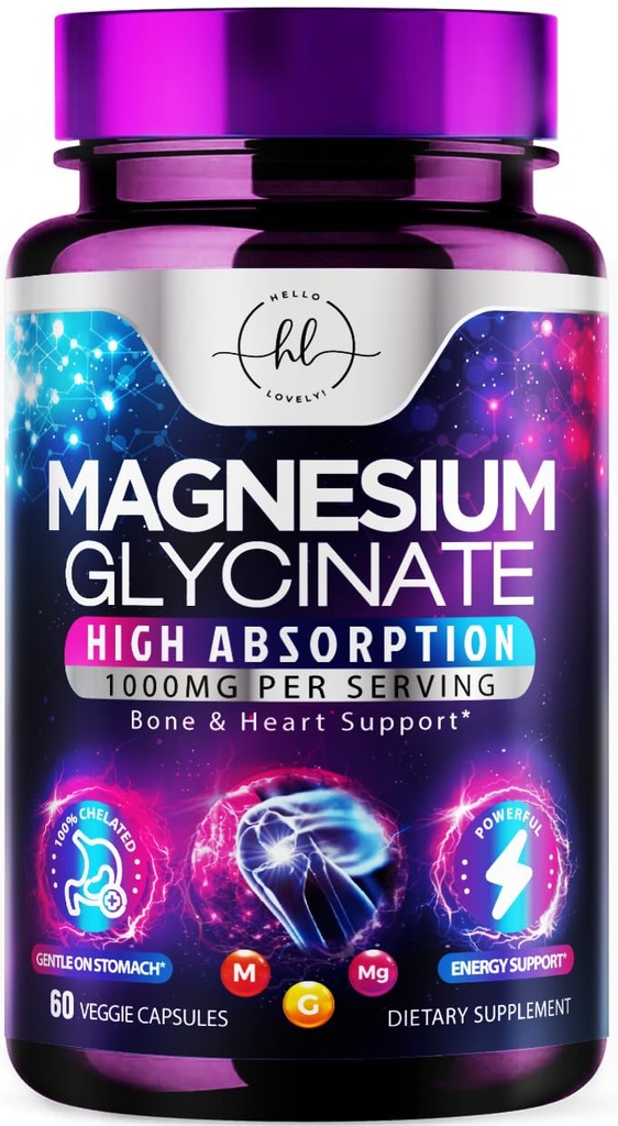 Magnezyum Glycinate 1000 mg - Yüksek Aborpsiyon & Chelated to Support Bone, Muscle, Nerves & Heart Health - Natural Sleep & Stress Support Women & Men - Vegan, Gluten & Soy Free, Non-GMO - 60 Capsules