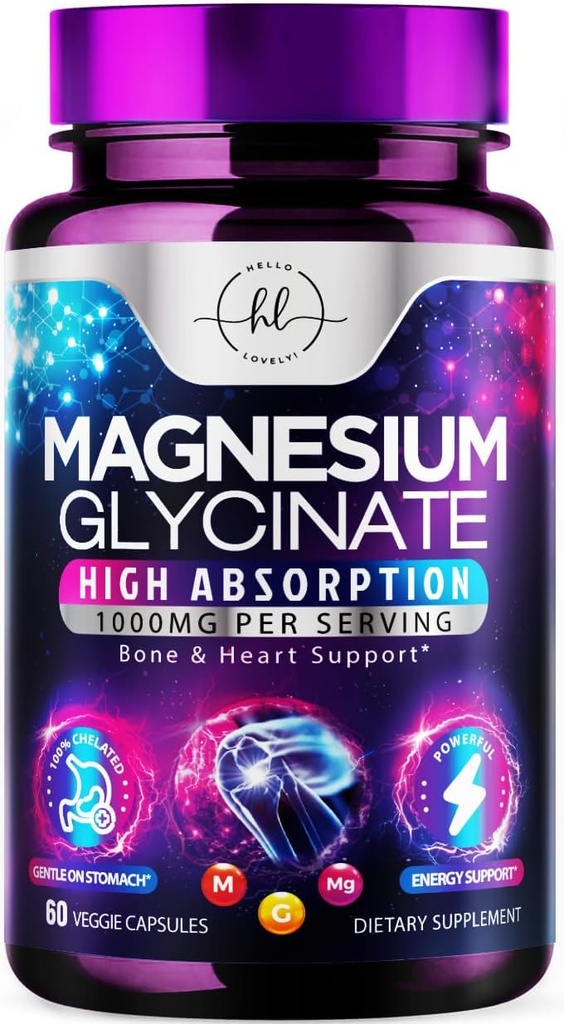 Magnezyum Glycinate 1000 mg - Yüksek Aborpsiyon & Chelated to Support Bone, Muscle, Nerves & Heart Health - Natural Sleep & Stress Support Women & Men - Vegan, Gluten & Soy Free, Non-GMO - 60 Capsules