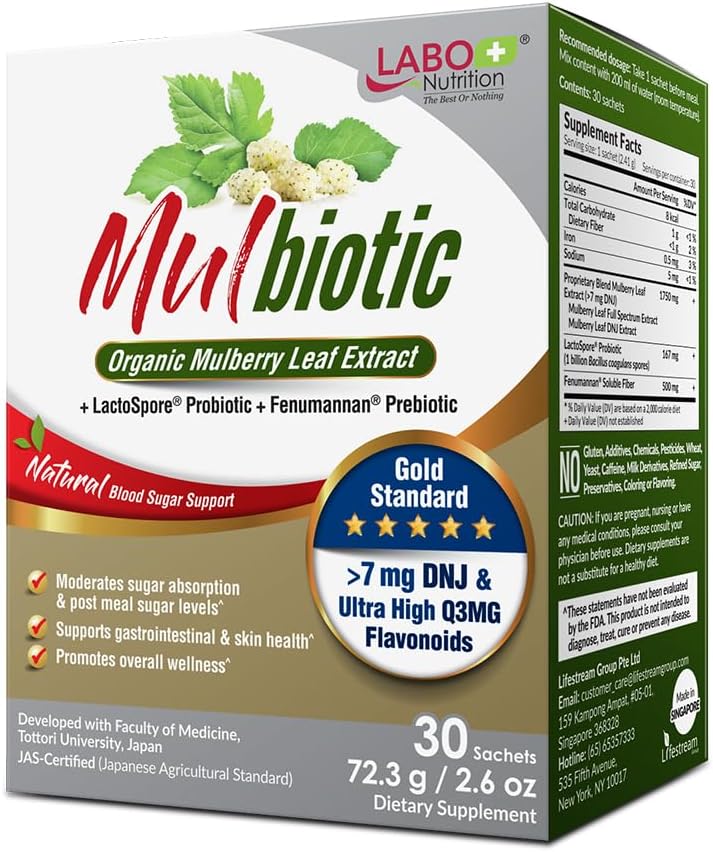 Mulbiotic LABO Διατροφής, Βιολογικό εκχύλισμα φύλλων Mulberry + LactoSpore Probiotic & Fenumannan Prebiotic, για υποστήριξη κραμάτων υδατανθράκων, χορτοφάγων, μη ΓΤΟ