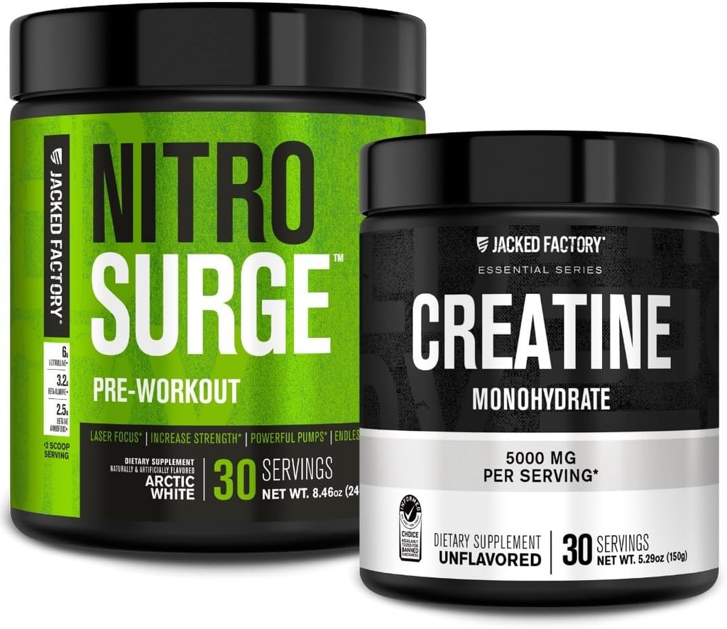 Jacked Factory NITROSURGE Pre Workout Supplement (Arctic White) Ctine Monohidrat Toz 150g (Unflavored) Kas Büyümesi, Artan Güç, Geliştirilmiş Enerji