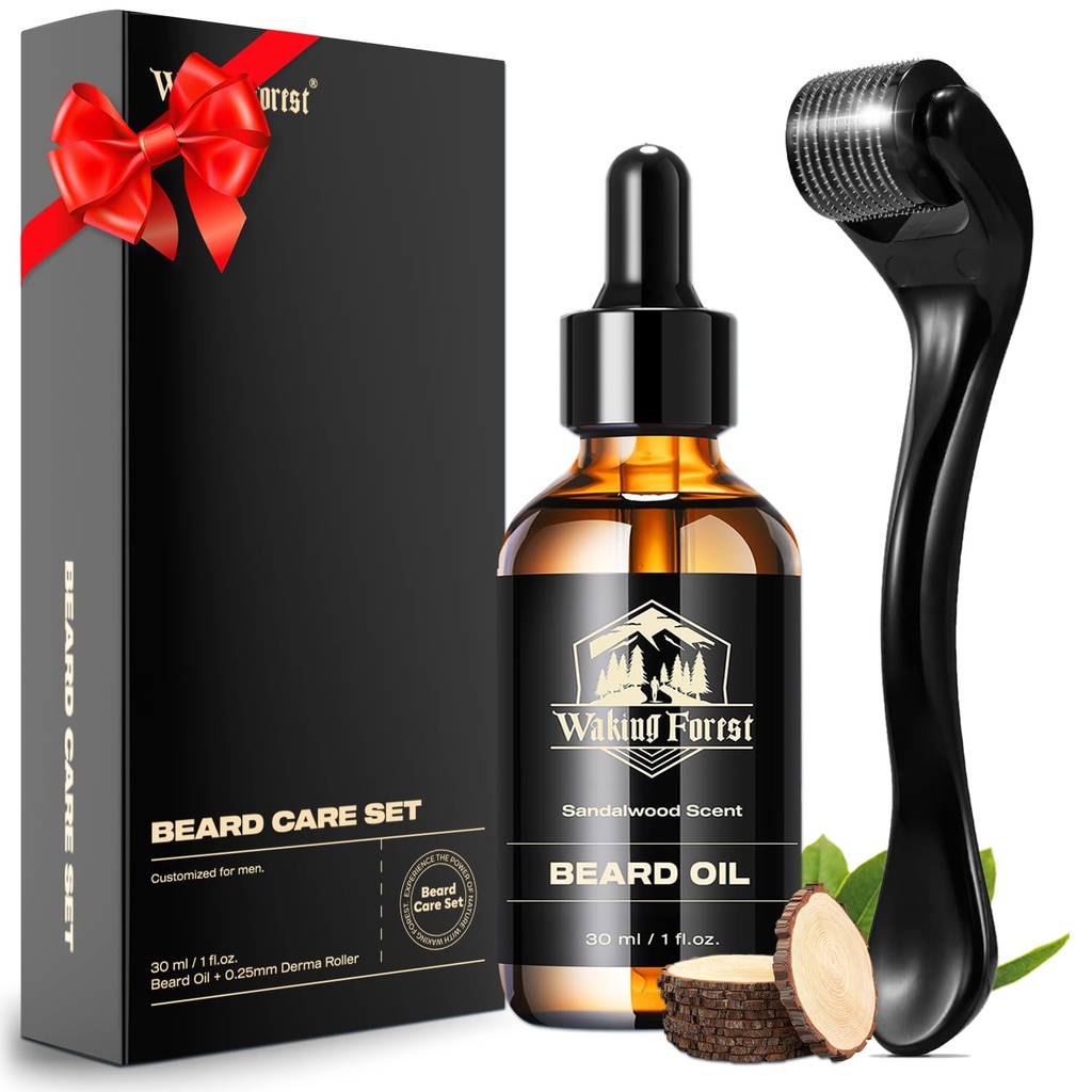 Waking Forest Derma Roller 0.25mm & Beard Oil(1oz), Sandalwood Beard Kit, Microneed Beard Roller με 540 Titanium, Natural Moisturize με Βιταμίνη E Beard Oil για τους άνδρες, Πατέρες Αγόρι Μπαμπά