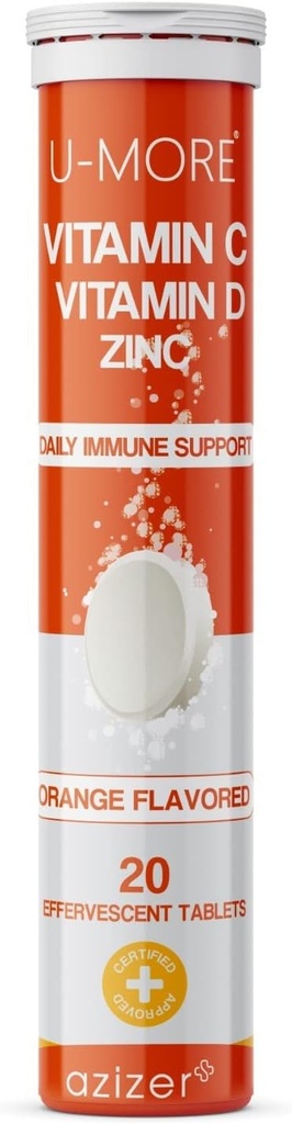U-MORE Vitamin C 1000 mg & çinko + Vitamin D, 20 Effervescent Tabletler, Orange Flavor, Immune Support Supplement, Fast Dis deploy, Boosts Immune System, Supports Health Skin, Hair, and Nails