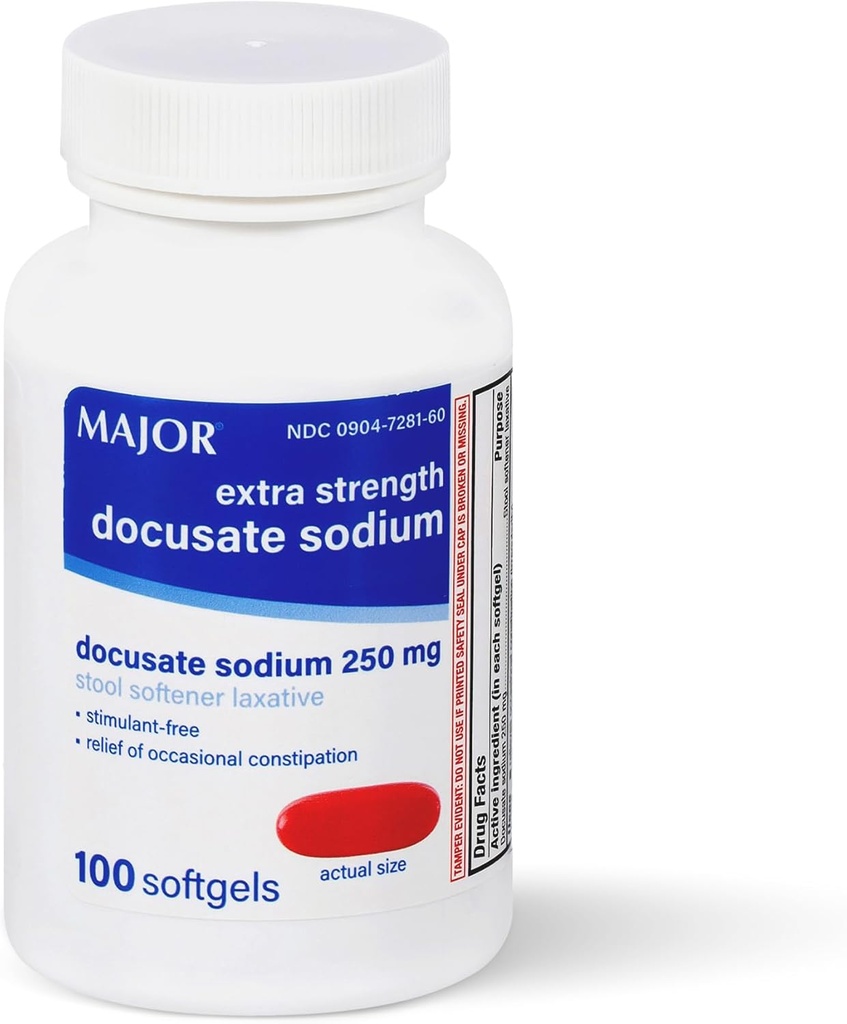 MAJOR Docusate Sodium 250 mg, Extra Strength Stool Softener Laxative for Occasional Constipation Relief – Simulant‐ Free, 100 Softgels (1 Pack)
