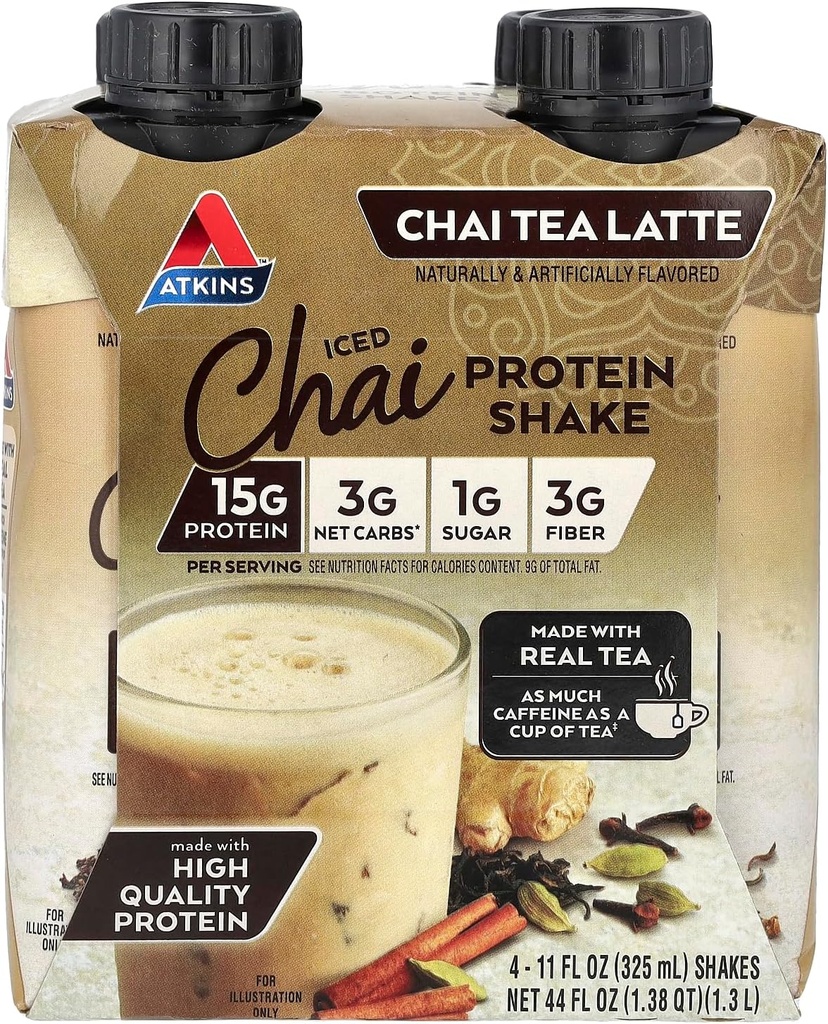 Atkins Iced Chai Tea Latte Protein-Rich Shake, Keto Friendly ve Gluten Free. (4 Shakes)