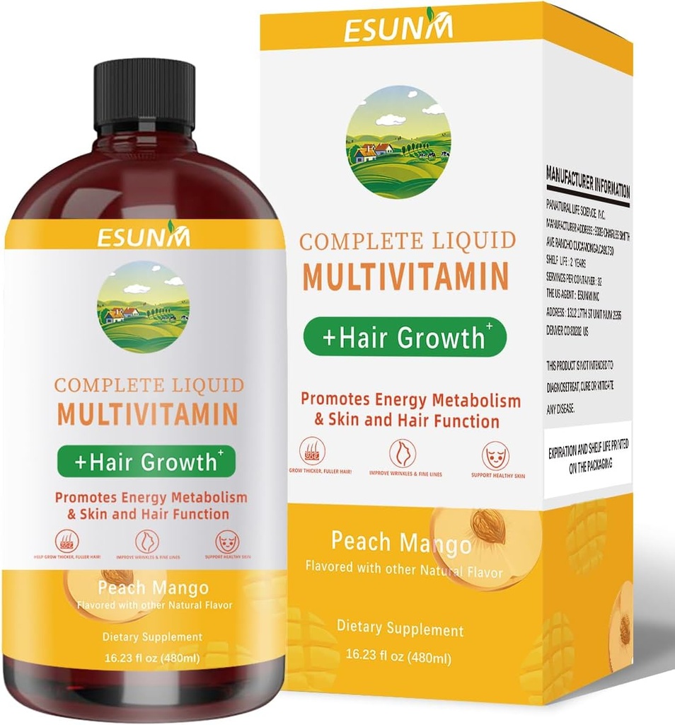 Complete Liquid Multivitamin + Hair Growth, Promotes Energy Metabolism& Skin and Hair Function| Vitamin C D | B Vitamins | Help to Thicker Hair, Wrinkles, Fine Lines, Skin Care (16.23OZ)