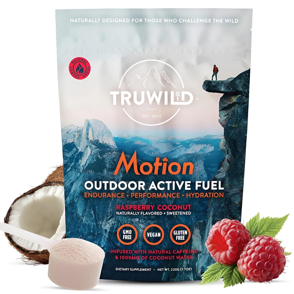 TruWild Motion All Natural Pre Workout Toz İçecek Mix for Men & Women with No Jitters or Crash, Whole Food Plantive Vegan, Microlytes + BioPerine, 20 Hizmet (Coconut Raspberry)
