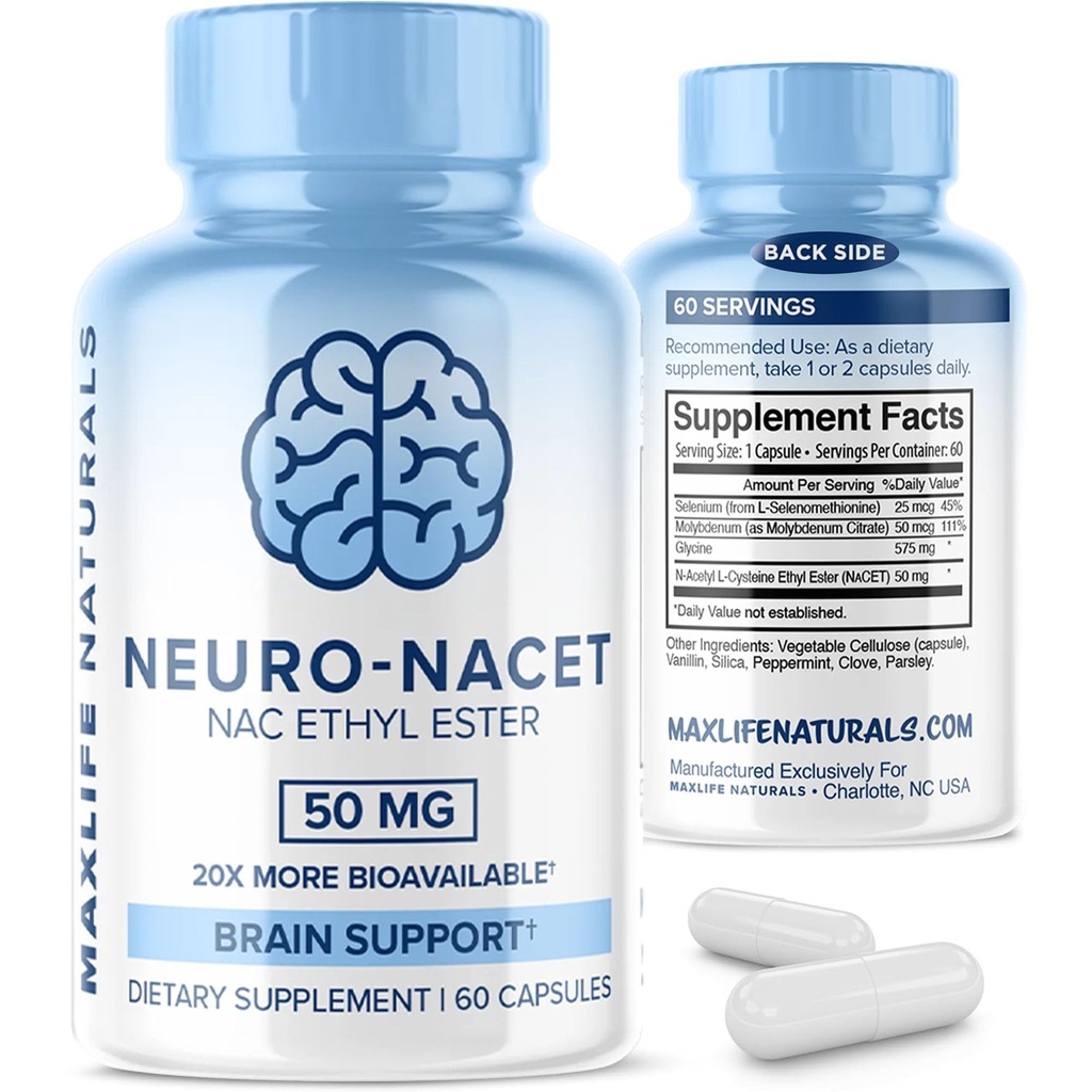 Neuro NACET - 60 κάψουλες, N-Acetyl Cysteine Ethyl Ester - 20x More Bioδιαθέσιμο συμπλήρωμα NAC Γλυκίνης N-Acetyl Cysteine Selenium, 10x Glutathion Boost for Brain and Lung Support by MaxLife Naturals