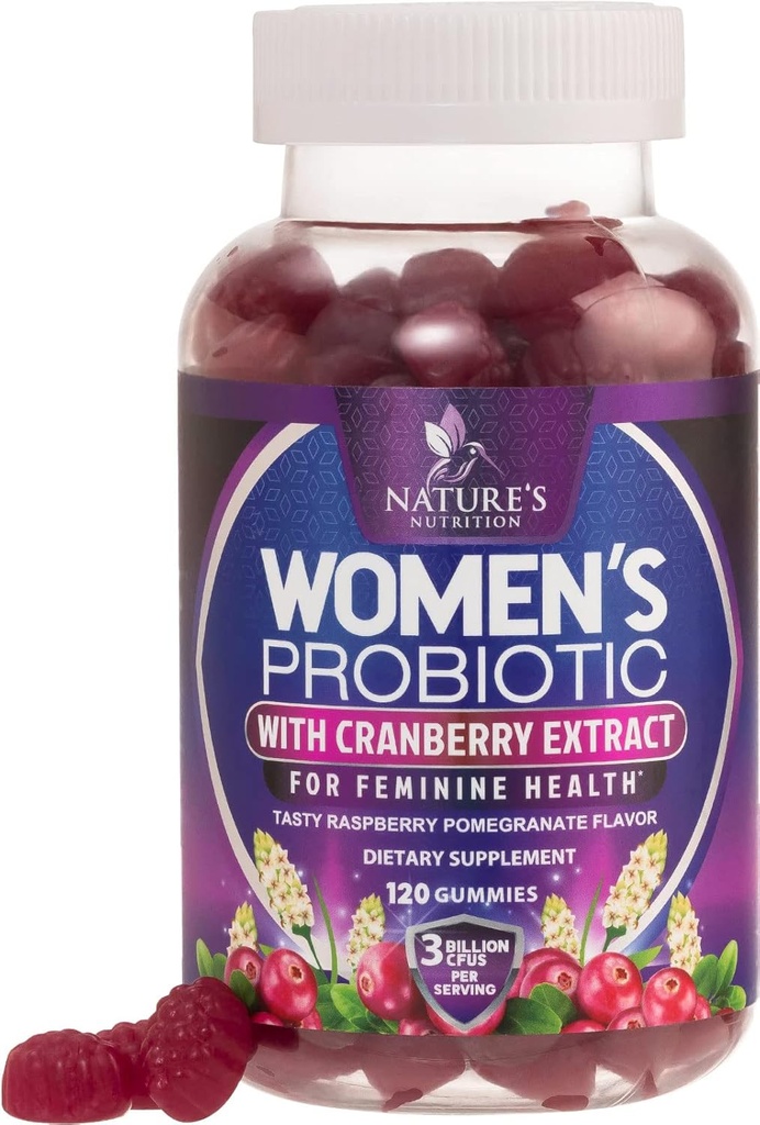 Cranberry ile Kadınlar için Probiyotikler - PH Balance için 6 Premium Strains, Digestive Health, Vaginal & Immune Support, 3 Milyar CFU, Kadın Probiyotik Gummy for Feminine Health - 120 Gummies