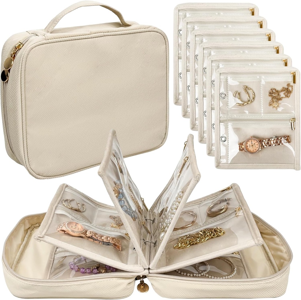 Travel Jewel Organizer Case,Jewelry Bag Jewel Storage Book Binder with Clear diamond Pouch for Traveling,Earrings, Halkalar, Ayakkabı (Beyaz)