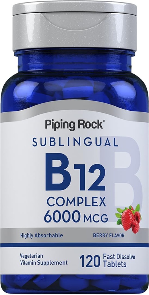 Piping Rock Sublingual B12 Komplek 6000 mcg | 120 Hızlı Dissolve Tabletler | Berry Flavor | Vegetarian, Non-GMO & Gluten Free