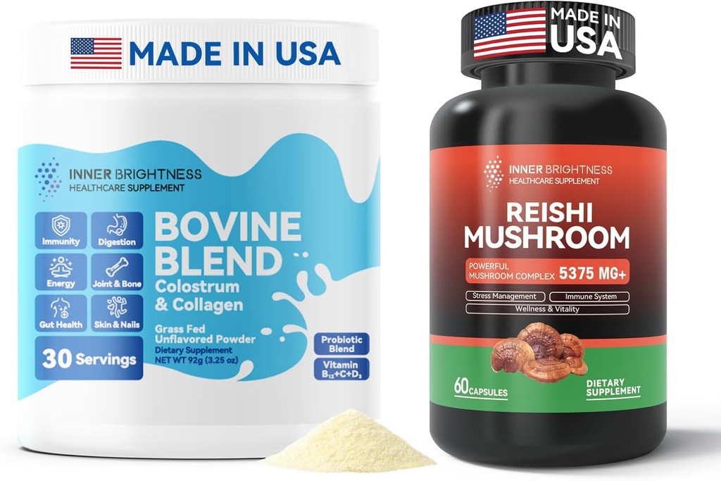 Bovine Colostrum & Collagen Toz Gut Health, Immune Support, Saç Büyüme ve Güzellik Tamam + Reishi Mushroom Supplement with Cordyceps